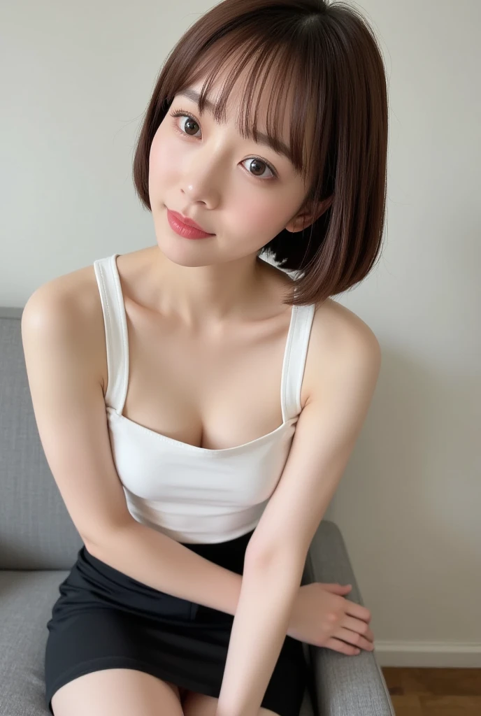 Two peopleの女の子、whole body photos、Yellow polo shirt、Cleavage、Green mini skirt、fun、Two people、15 years old、whole body、slender、woman、White drool coming out of the mouth、Natural short bob hair、 Fair skin,Super cute、Soft and Face、Brown Hair、8k resolution、Surreal、Ultra high definition、 Soft Body、A-cup small breasts((Highest resolution、8k、masterpiece:1.3))、Ultra-fine face、Ultra Fine Lips、Beautiful Eyes、double eyelid,Slender figure、I can see your thighs、Shapely small breasts、Light blue wall