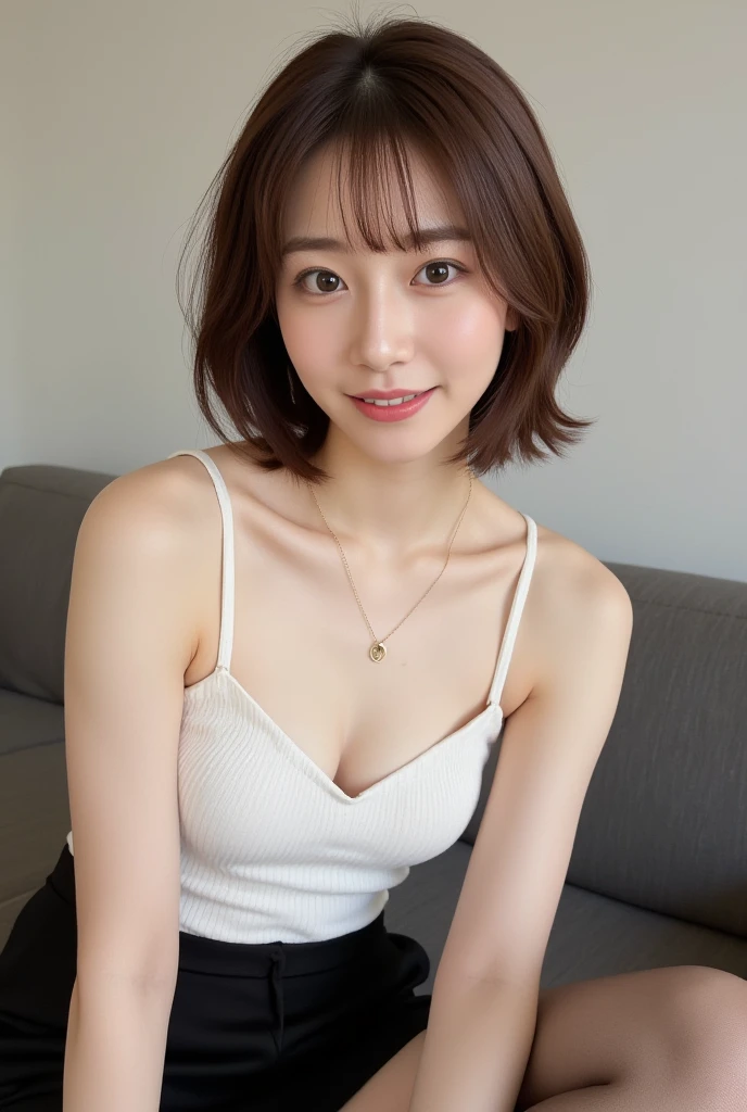 super high quality, Short Hair, Slender, Gravure photoshoot, The staff is working at the counter in the back., (8k、RAW Photos、highest quality、masterpiece:1.2), Japanese Idol, Shaggy, Sportswear, Stylish café, The cafe is crowded with people enjoying themselves., (Realistic、Photorealistic:1.37), Mesh Hair, Urban Cafe, Golden Ratio, Raw photo, Cute face , Light Brown Hair, Earrings, Small breasts, Bright cafe interior, Spring Clothes, necklace, Spoiled, Smile, Hair blowing in the wind, Neat clothes, 18-year-old, younger sister,