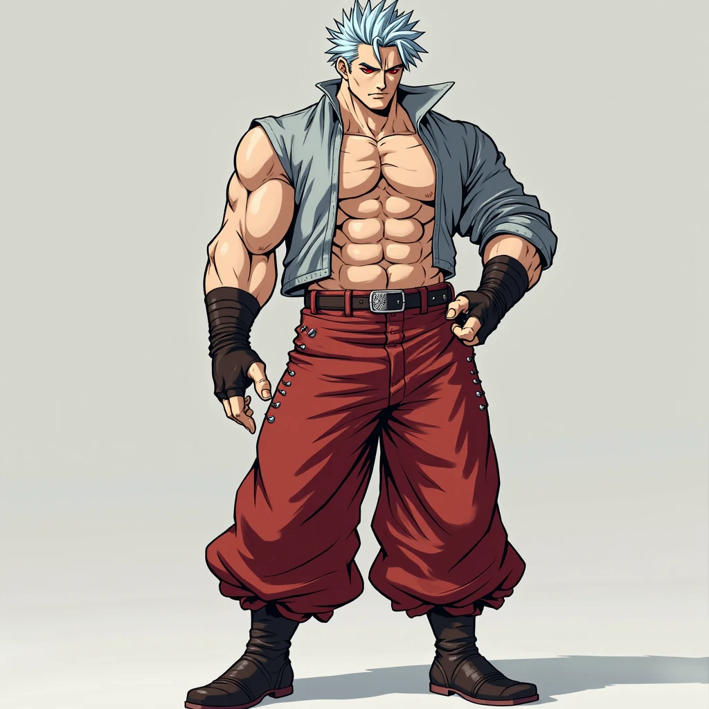 Boy, gym, muscular, stocky body, gym pose, elegant pose, stand pose, red pants colors, white hair colors, white eyebrow colors, white moustache colors, black eyeball colors, in gym room, realistic