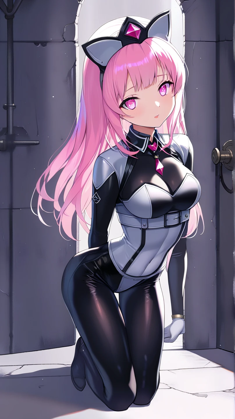 (8K, top-quality, masterpiece:1,2), (reallistic, Photorealsitic:1.37), Super Detail, One girl,), (Highly detailed), (beautifully detailed eyes), (of the highest quality), (super detailed ), (masterpiece), (Detailed face),20yr old, ,1 girl, ((pink hair,long hair)), medium breasts, clothed, Perfect Lighting, BREAK, (tight outfit:1.5), (heroine:1.4), (Japanese tokusatsu:1.3), (vibrant pink:1.5), (high gloss:1.5), (shiny bodysuit:1.4), (short bolero jacket:1.2), (black accents:1), (high neck top:1), (long sleeves:1), (miniskirt:1), (front slit:1), (PVC:1), (belt detail:1), (knee-high boots:1), (gloves:1), (silver symbols:1), (heroic accessories:1), (mask:1), (goggles:1), (wrist cuffs:1), BRAKE, (upper body and knees:1), (flowing hair:1), (ecstatic expression:1.5), (blushing cheeks:1.5), (looking straight:1), (sweat:1.5), (steam:1.2),, (seductive pose:1), (girl trembling with sexual climax:1.1), (touching costume:1), (twisted torso:1.5), (dark gradient background:1), (spotlight lighting:1.1), (glossy costume:1.2), BRAKE