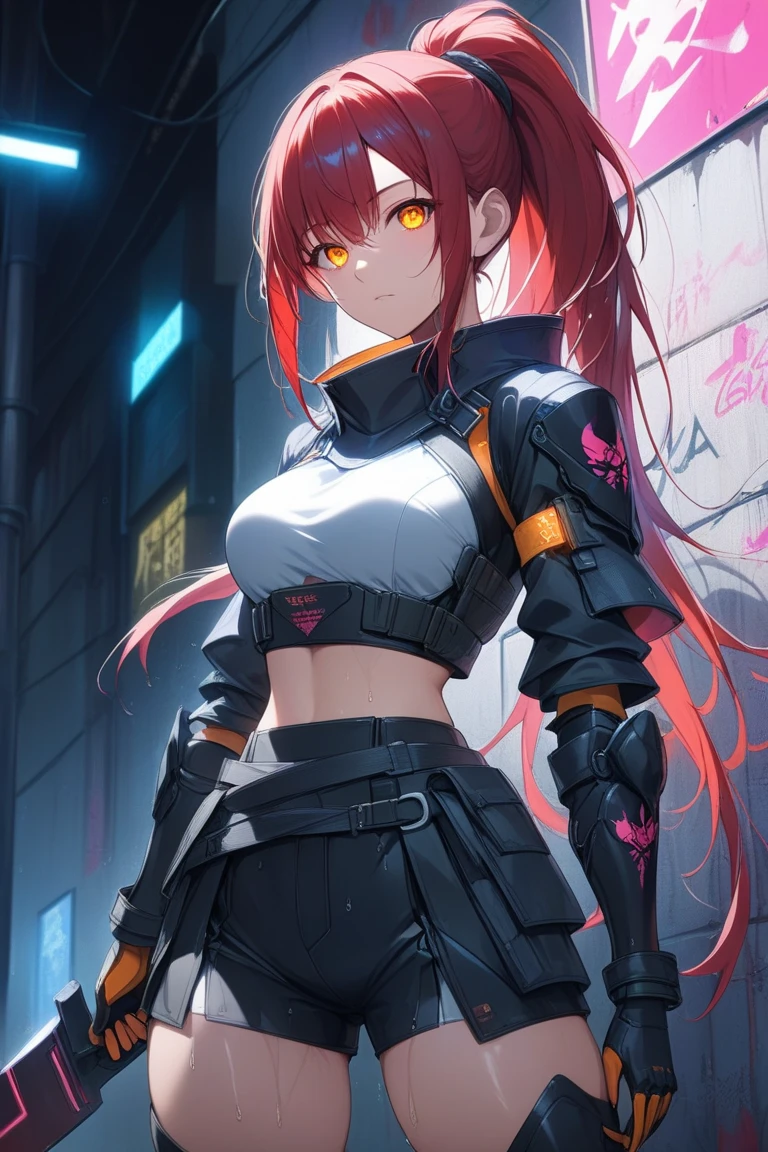 ((masterpiece)), ((RAW 4K)), ((anime-real fusion)), ((ultra detail)), ((cyberpunk samurai woman)), ((veteran warrior)), ((glowing amber eyes)), ((high-tech armored gloves)), ((neon-accented armor)), ((urban alley lighting)), ((cinematic tone))
A battle-hardened female cyberpunk samurai in her late 20s stands with her back against a graffiti-covered wall in a dimly-lit cyberpunk alley. Her arms are crossed confidently across her chest, and her glowing amber eyes are fixed forward — calm yet intimidating. Her long deep red hair is tied into a sleek high ponytail that drapes over her shoulder.
She wears a fusion of futuristic tactical armor and traditional samurai style: a short neo-hakama skirt layered over black tech-fabric inner shorts, with glowing neon seamlines. Her upper armor bears scorch marks from past battles, a sleek blend of carbon-weave plating and minimalist samurai motifs. Her hands are gloved in cybernetic tactical gloves, ready for action.
There is no sword, no mask — only her commanding presence. She exudes quiet strength as flickering alley lights cast moving shadows across her form. Light mist swirls around her boots as neon signs reflect dimly on the wet concrete.
**camera: medium shot, Eye-level. Focus on her pose, facial expression, and detailed textures. Background has subtle holographic advertisements, scattered debris, and a flickering wall screen behind her.**