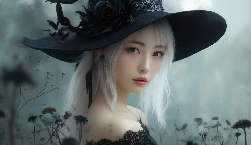 Highest quality、masterpiece、Delicate and beautiful face、Eye and facial details、Female Wizard、Beautiful woman、Black clothes、Cosplay、Medieval European castle in the background、Textured skin、Super Detail、Attention to detail、Silver Hair、Blue eyes、Wicked Smile、Short Hair、Beautiful girl、Moisturizing the skin、Lip gloss, eyelash, Shining Face, Glowing Skin、Beautiful lighting、Incredible detail、real texture skin、Attention to detailWizard&#39;s Robe、Dramatic Light、Beautiful modern witch (Witch Hat), Beautiful face and devil's eyes, Gracefully facing the camera,, There&#39;s something ancient in the background, ((The collapsing tower, Winding staircase)), Spider web, And the dusty records of forgotten magic, (witchcore, magic, pagan, Mysterious, nature, occult) , magician, Spell Magic, (Tabletop, Highest quality:1.4),(absurdes, High resolution, Ultra-detailed:1.2),(Use black magic:1.4), Imaginative Overlays, Artistic Fusion,Fantastic scene, moving story, Impressive visuals, Upper Body ，(((Highest quality))),(((Ultra-detailed))),(((Tabletop))),