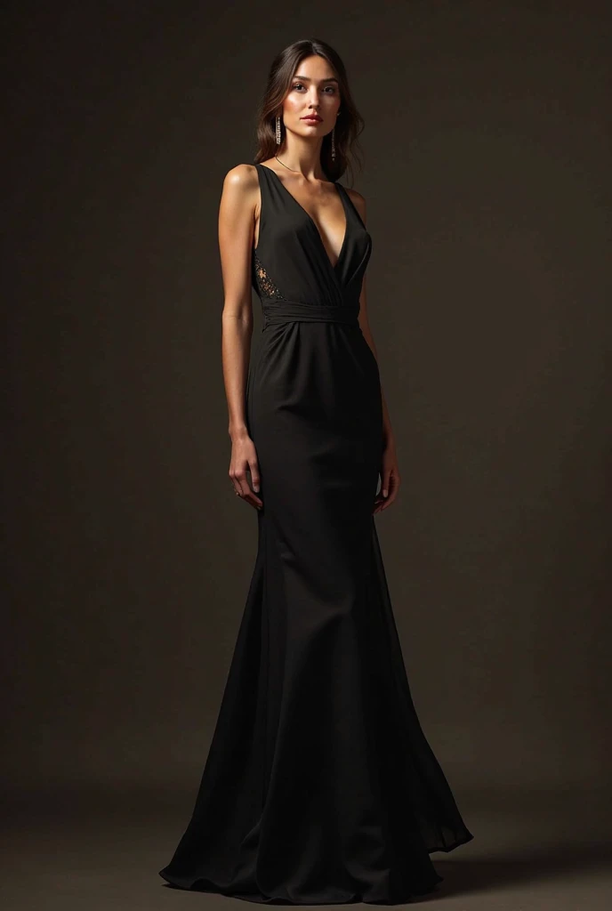 1920s femme fatale, elegantly dressed in a sleek black floor-length gown with a plunging neckline and intricate beading, short wavy bobbed hair with a finger wave, bold dark red lipstick, exuding danger and seduction, pinup, full body shot, standing