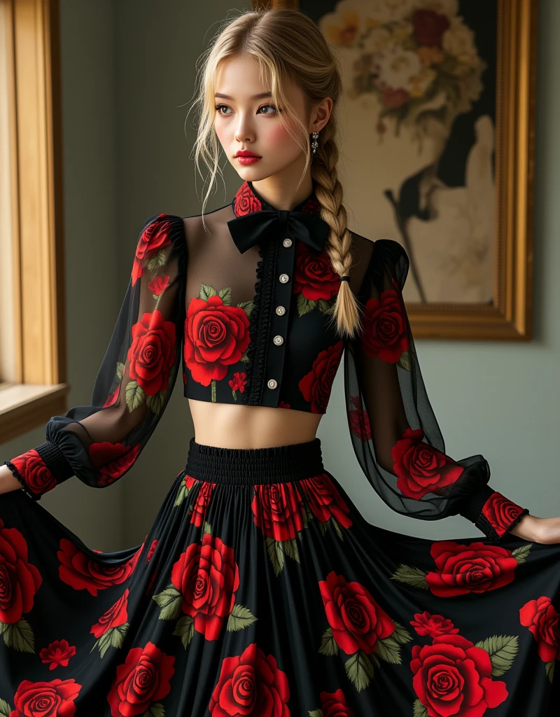 (8K, Photorealistic, Raw photo, Highest quality: 1.4),Japanese idol-style beautiful girl,1 person,18-year-old,(Short Bob),(Silver Hair :1.2),She has her hair tucked behind her ears,Clear grey eyes,Long eyelashes,(piercings(small)),(Lip gloss(red)),lips(Plump,glossy),thin long neck,(camisole(Black)),(flare skirt(Layered lace,Black)),tights(Mesh),High heels,(Sleeveless jacket((Lace embroidery),(Mesh))Layering),Party Venue,Standing food,Smiling at the camera,Knee shot snap