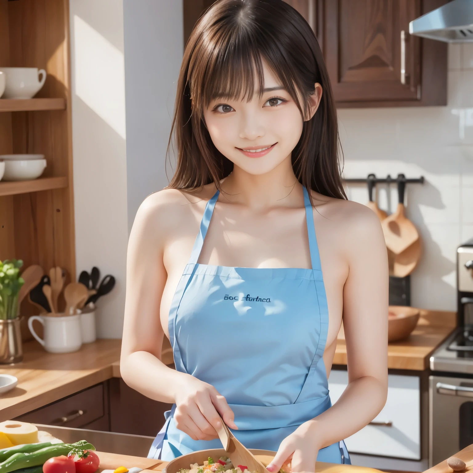 (masterpiece,best quality: 1.4),
(8k,raw photo,photo realistic:1.2),shiny skin, detailed skin,detailed face,detailed eyes,Japanese idol,beautiful face. Kitchen at home. There are cooking utensils. A beautiful girl. She is a stunning Japanese woman. She is as beautiful as a goddess. She is an extraordinary beauty. She has well-defined facial features. (She has a big breasts and beautiful legs). She wears natural makeup. Her wavy hair is brown. (She has a happy smile). (She is preparing a meal. She is naked and wearing an apron:1.3).