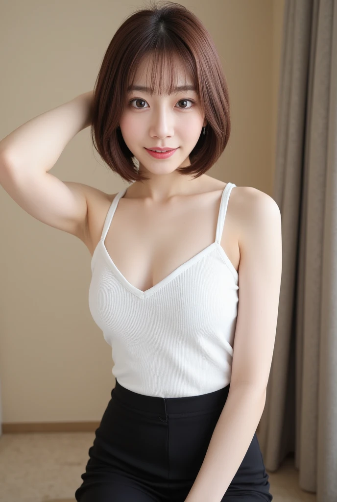 (Masterpiece: 1.3), (8K, photoreal, raw photo, highest resolution: 1.4), Japanese, (1 girl), Beautiful face, (Realistic face), (Short hair: 1.3), Beautiful hairstyle, Real eyes, beautiful eyes, (real skin), beautiful skin, charm, super high resolution, surreal, high detail, detailed makeup, look at the viewer, (T-shirt, panties on the lower body, so the nipples are transparent) , cooking in the kitchen at home, cooking, (thin legs), whole body, sitting on a chair, profile, turning around, 40 year old female, wrinkles around the corners of the eyes, nasolabial folds,