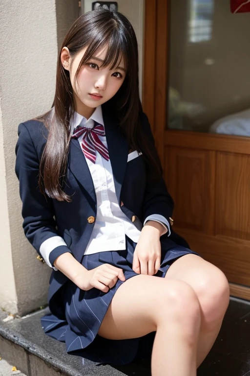 8k, highest quality, real image, intricate details, Super detailed, ultra high resolution, depth field,(realistic,realistic:1.2),from the middle, (closed my eyes:1.2), (open mouth:1.1), 1 Japanese girl, very beautiful 17 year old girl, Big eyes, beautiful breasts:1.5、highly detailed eyes:1.2), (beautiful breasts:1.1), (small breasts:1.5), wavy hair、curly hair、bangs, perfect skin, Fair skin, huge hips, thick thighs, thick legs, tight waist, sit in a chair, light blush, alone, (sob:1.1), (School_uniform),(dark blue blazer), (white shirt、wear a tie), (gray pleated skirt), (sculpture installation :1.1)