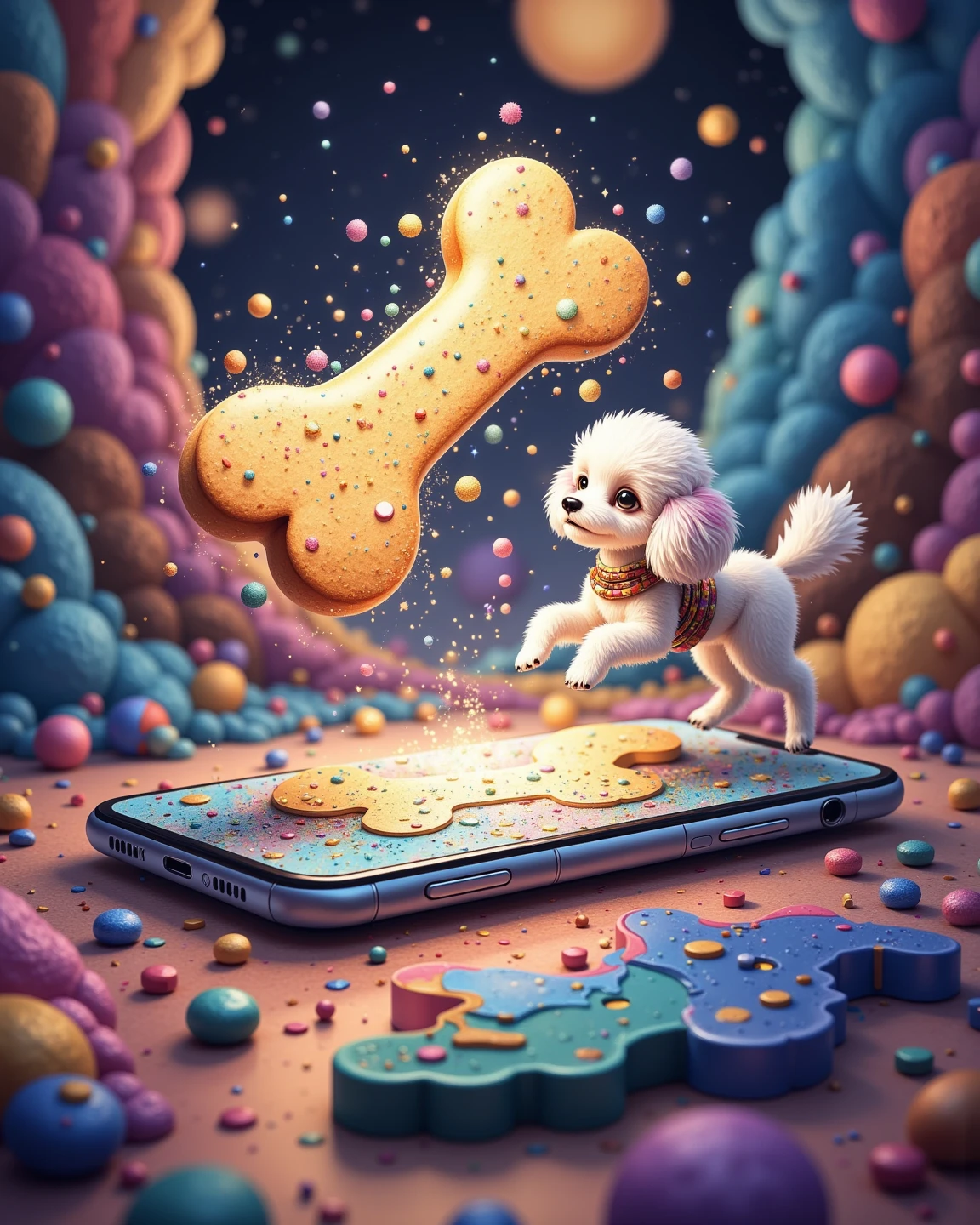 sparkling bone-shaped cookie jumping off smartphone screen, Toy poodle staring in surprise, Vivid colors, Layered Backgrounds, delicate details, 3D CG Real Touch, Precise light and shadow , High Definition Food Photos, Attractive Character Designs, emotional expression, Visual Fun, High Quality Illustrations, composition full of realism, Mechanical Textures, Uncharted Space Effects, captivating atmosphere, Superb Realism, 4K real touch, professional texture