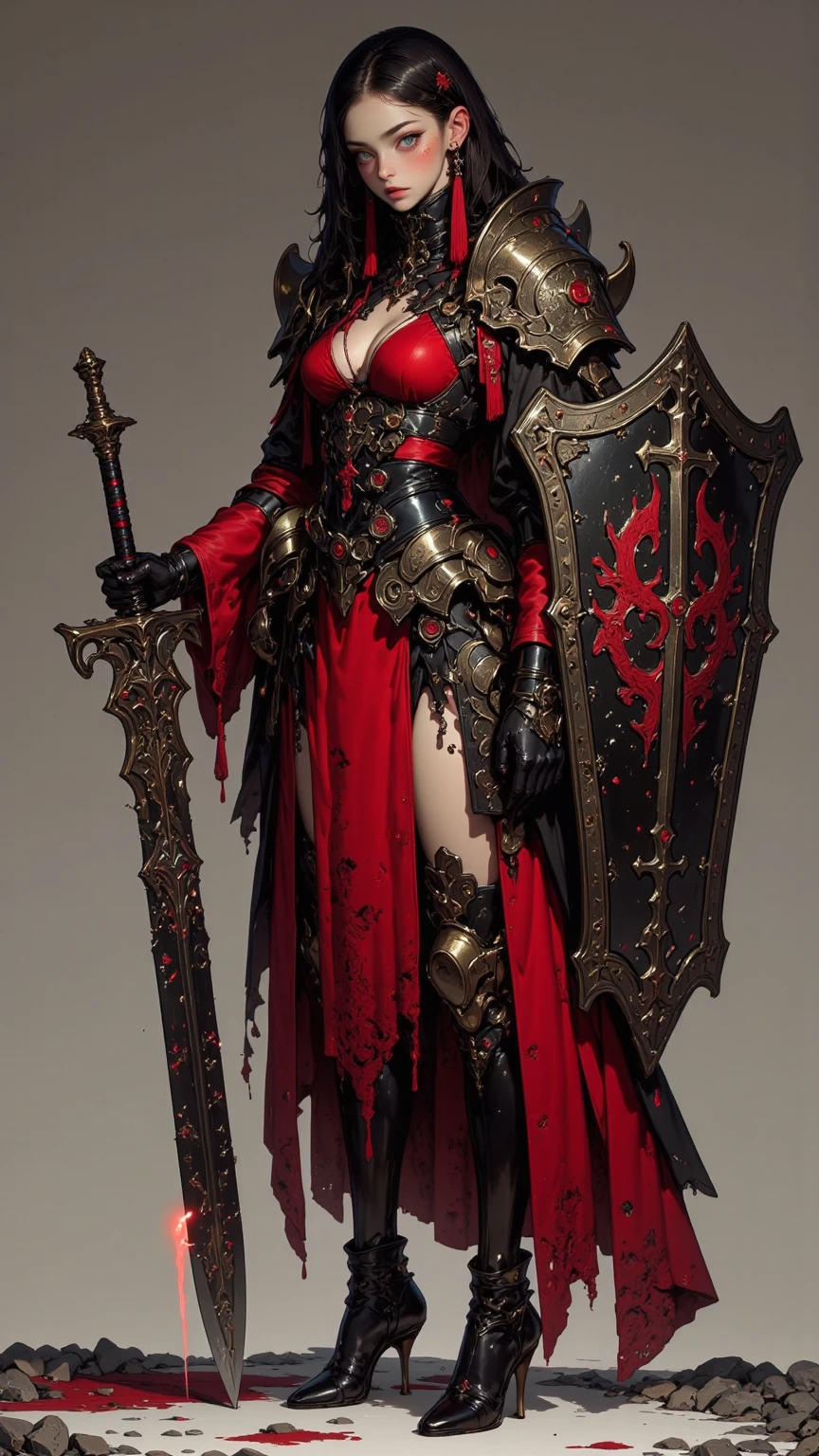 (((High definition, masterpiece, Attention to detail, Sharp details, Clear images, High-resolution images, 8k, Realistic, beautiful, Full body photo))), Perfect studio lighting, 18-year-old, Happy face, Ideal body, Long, smooth, straight hair, Tied behind, Large Breasts, Random representation, Wearing Japanese heavy armor, Fully decorated armor, full body armor, Wielding Japan sword, Sword attack pose, sweating, Blood-stained face, bloody armor, genocide, Fire everywhere, Epic Battles, Background of Death, battlefield, genocide, war zone, Battle Path,