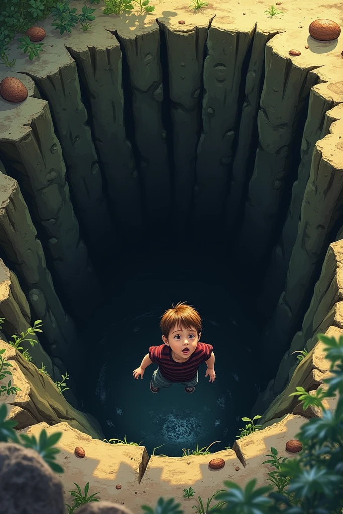 A dramatic scene where Lucas, a young boy, is standing on the edge of an ancient well, making his final wish for a grand toy castle. Suddenly, the ground beneath him crumbles, and he falls into the deep, dark well. The scene captures the moment of his fall, with the well's dark interior contrasting with the bright, colorful toys that appear as he falls. His expression is one of shock and fear. The animation style is inspired by Disney Pixar, with dynamic movement and expressive emotions.