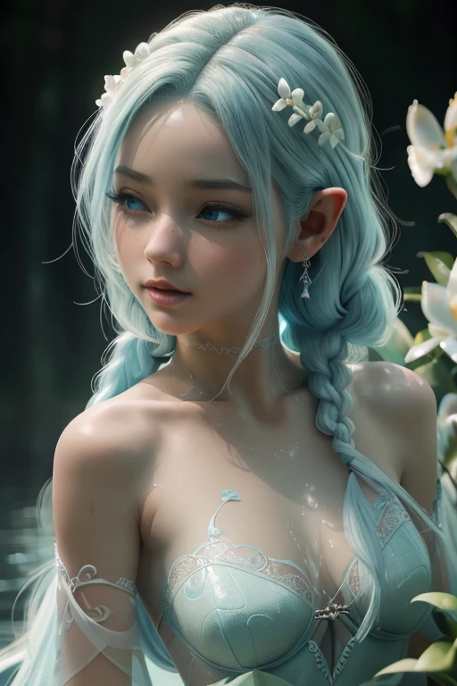 Blue Hair。White Skin。Elf Ears。Beauty。Big Breasts。White thin clothing。Nipples。valley。Thigh。