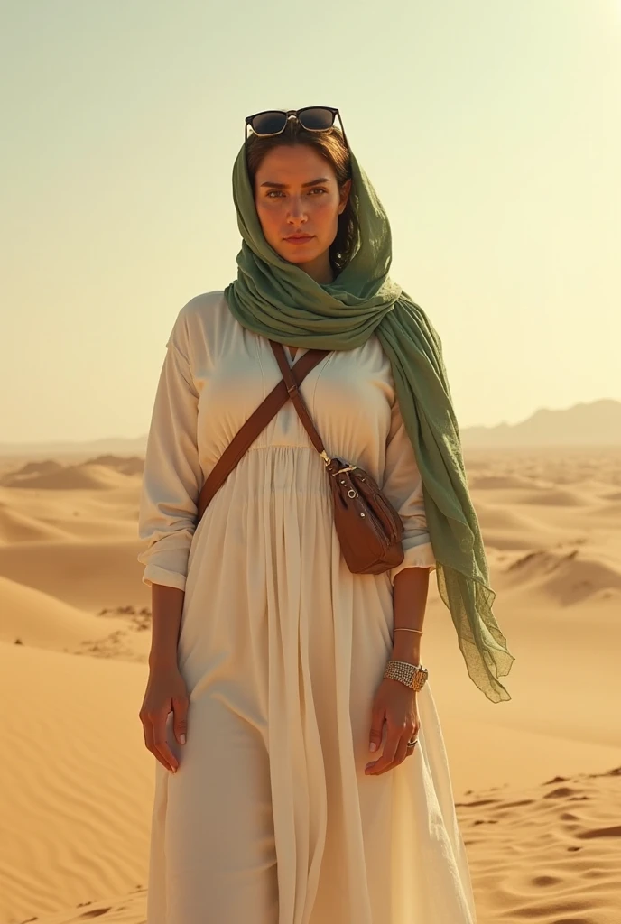 A woman and a monitor lizard held on a leash in a desert tormented by a sandstorm, she wears a ((simple transparent veil)) which covers her entire body and face as protection against the wind and the sand invading in large ocher swirls in tattered and worn, his face ((Europeanwhite)) obscured by part of its damaged veil. The environment is barren and desolate, with a warm, earthy color palette and a sense of oppression and decadence. The figures are stooped and tired, surrounded by the remains of an ancient, vanished civilization. The scene conveys a feeling of despair and lack of humanity, with characters trapped in a world that has fallen into ruin. 