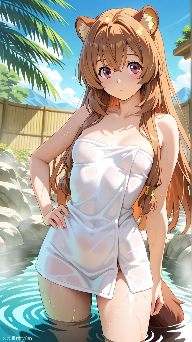 realistic, hyper detail,very precise detailed,ultra high resolution,extremely detailed CG unity 8k wallpaper,(Realistic,Photorealsitic,hyper realisitic:1.5), girls only, Longhair, dynamic lighting, ((bold imaginative poses)), (Glossy skin:1.5), masterpiece, highest quality, disorganized, Audience,(Wearing a bath towel:1.4), (orange hair:1.4),(crown half up hair:1.5),(orange eyes:1.4),((beautiful, fine eyes:1.3)), thin, High resolution, sharp focus, Depth of the bounds written, eye for detail, clear eyes, ((Aesthetic Anime Eyes:1.4)), outdoors, sunrise sky,Open-air bath at a long-established hot spring inn,(Wearing a bath towel:1.4)