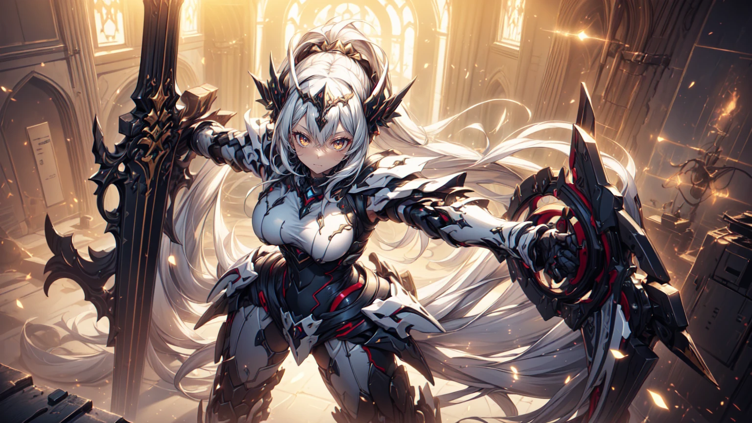 Anime character Ramlethal Valentine, clad in white armor, wields two massive swords during a fierce fight in the Guilty Gear game. Her guilty expression adds an intriguing element to her powerful stance as she unleashes a monster-slaying attack. The contrast between the purity of her color and the brutality of the battle scene creates an enthralling visual experience.