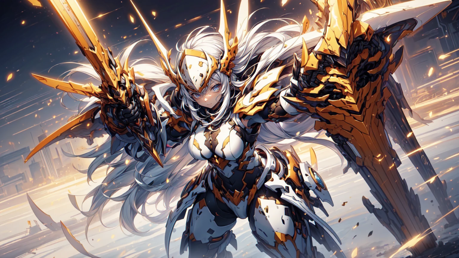 (((Golden Spear))), ((Lightning Power)), ((Electricity)), ((Fire Background)), (((android 21 Evil))), (((white Coat))), (((Darkness power))), (((Busty))), luxury bustier corset, ((silver hair)), (((Very slim waist))), propotional body, ((Gorgeous)), ((gold wings)), masterpiece, hyperdetail, ambient effect, digital effect, (((Fire Spear))), (((Lightning Spear))), (((Fire Gold Armor))), ((Lightning Gold Wings)), ((Fire Demon Horns))