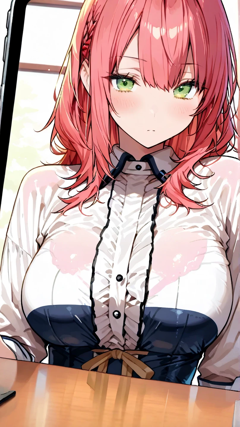 Makima, Solo, Solo Focus, Looking at viewer, chainsaw man series, red hair, (wide hips), swirl eyes, yellow eyes, black leather pants, white button up shirt, sexy, large breasts, spread legs, smug, groin outline, midriff, navel, sweaty, pose that attracts opposite, dominant, thicc