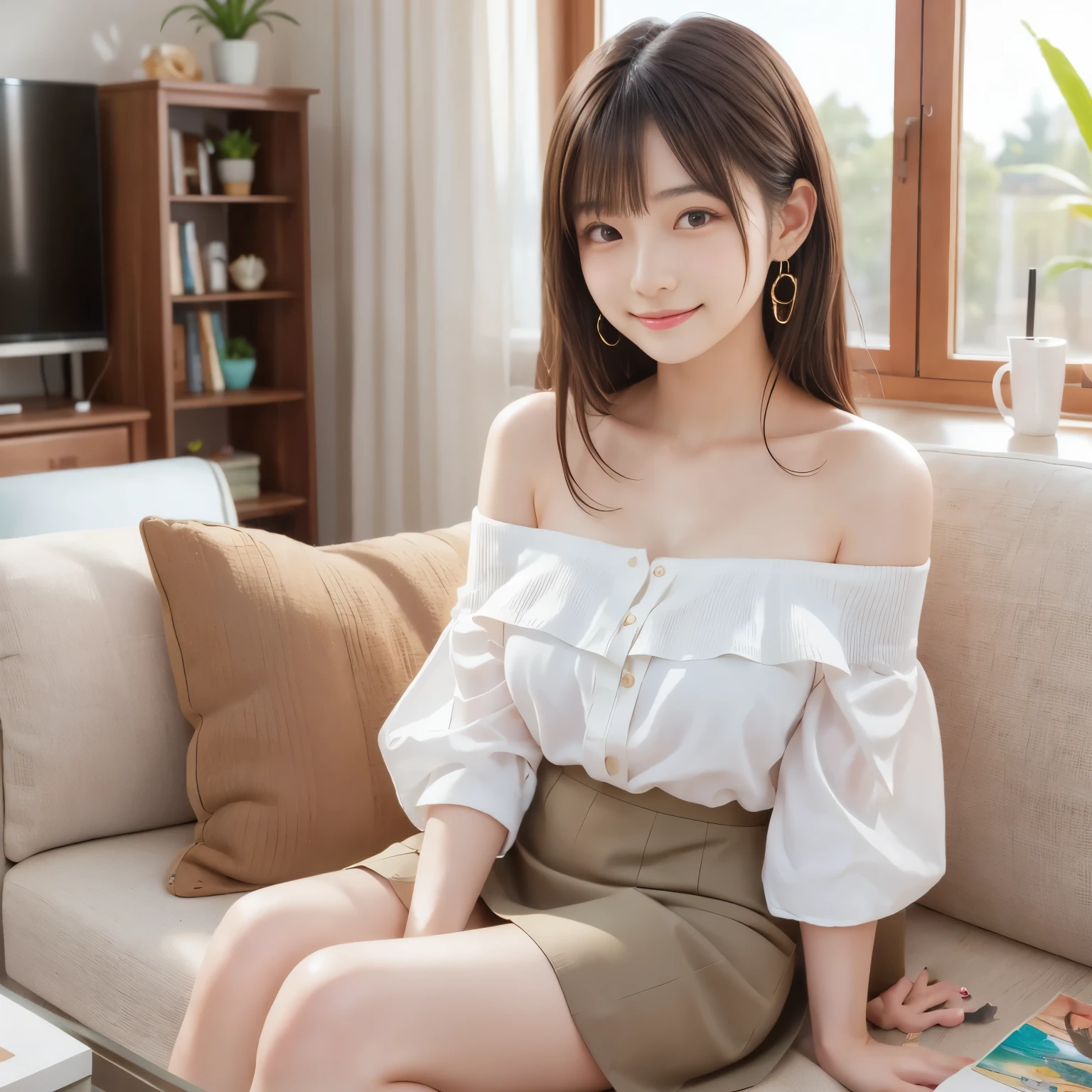 (masterpiece,best quality: 1.4),
(8k,raw photo,photo realistic:1.2),shiny skin, detailed skin,detailed face,detailed eyes,Japanese idol,beautiful face. The living room of the home. Tidy and clean room. There is a sofa and a bookshelf.
A beautiful girl. She is a stunning Japanese woman. She is as beautiful as a goddess. She is an extraordinary beauty. She has well-defined facial features. (She has a big breasts and beautiful legs). She wears natural makeup. She is wearing earrings and a necklace. Her wavy hair is brown. She was a happy smile.She wears a hair ornament. (She is wearing an off-the-shoulder shirt. She is wearing a tight skirt:1.3). She is sitting on the couch, drinking coffee.