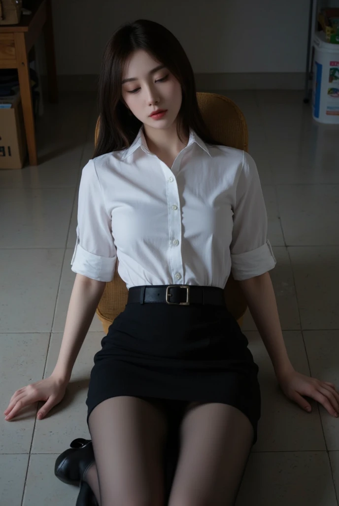 (((nfsw : 1.5))), (((pornography))), (realistic), (intricate details:1.2), (masterpiece、:1.3), (top quality:1.4), (Ultra A high resolution:1.2), Ultra A high resolution, 8K resolution, very detailed expression, studio soft light, (high quality), complete anatomy, natural anatomy, Detailed features, detailed facial expression, full body photo, 1 woman being raped by a man, 27 years old, korean, (beautiful : 1.4), (shoulder length bob cut hair), earring, light makeup, confused expression, office uniform, identity card necklace, long legs, (wearing shiny realistic pantyhose), (high heel : 1.4), business clothes, business attire, slim suit blouse, Formal skirt, be bound up, tied wrist on back, be tie up on office chair, The top was taken off to the shoulders and the breasts were exposed., glowing skin, (((orgasm : 1.4))), (((moaning : 1.2))), (with a bad man),(She being caught and sexually harassed by a man in company: 1.5), be forcibly raped by a man, She can not resist, His dick is being inserted into her mouth, deep throat, lift her skirt, legs spread apart, Thighs and calves tied with tape, A masturbation device is inserted into her genitals., Lightless, night, Lights off, quiet office, office desk, office chair, sunless, night, (detailed background:1.2),