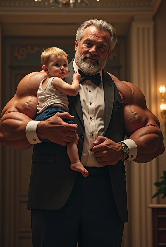 arafed man in red and white pajamas standing next to a very short pale man, large muscles, exaggerated muscle physique, tall and muscular, huge muscles bodybuilder toddler, super realistic photo, big muscles, very beautiful. big muscles, huge glistening muscles, mr universe, massive muscles, muscular character, exaggerated physique, bodybuilder, very hyper realistic, muscular characters