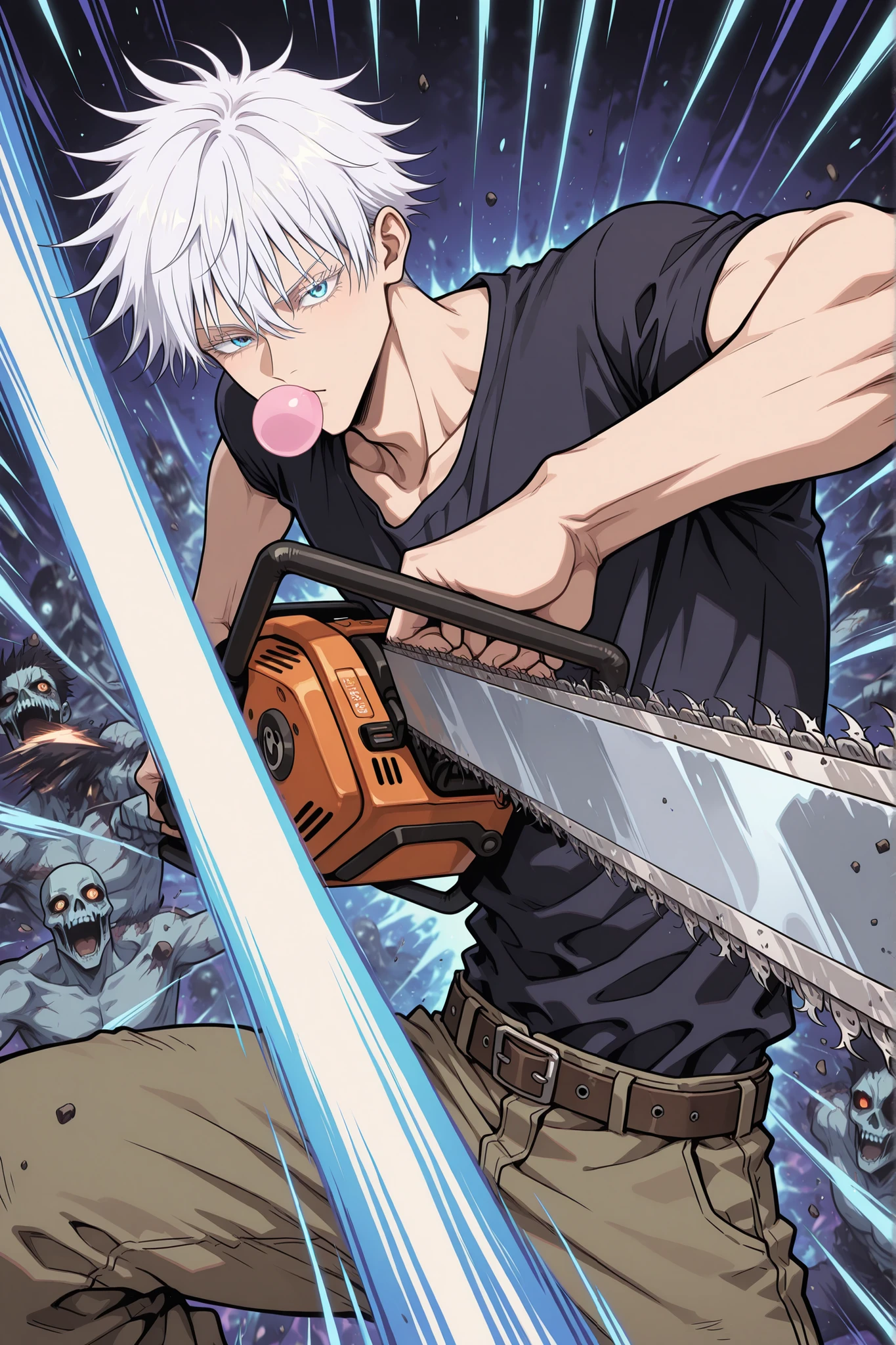 1man, gojou satoru, jujutsu kaisen, white hair, short hair, ((hair between eyes)), colored eyelashes, white eyelashes, blue eyes, intricate eye iris, detailed eyes, muscular male, sexy man, handsome man, handsome face, chewing gum, bubble gum, oversize tshirt, cargo pants, Rocky belt with rivets, cool_man_style, cool man, stylish man, handsome man,, squinting eyes, chainsaw in both hands, (holding chainsaw:1.2), energy, (((slashing viewer, many slashing lines))), cool pose, dynamic pose, motion lines, glowing movement lines, dynamic angle, action scene, motion blur, masterpiece, best quality, amazing quality, very aesthetic, absurdres, newest, dynamic concentration line, perspective, Zombie apocalypse, zombies around