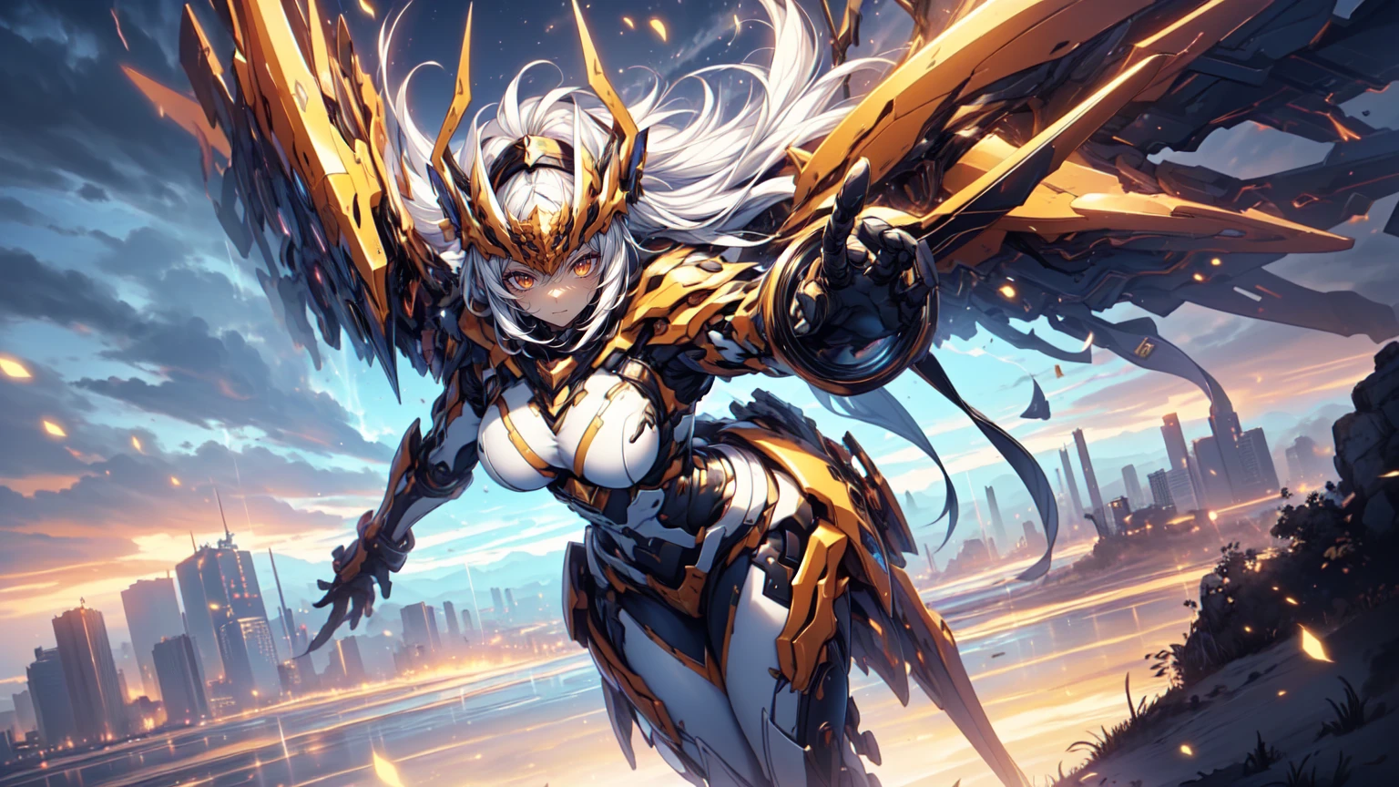 score_9_up, score_8_up, score_7_up, source_anime,masterpiece, best quality, high resolution, extremely detailed CG, absurdres, highres, 1girl, solo, a mecha girl in golden armor with glowing mecha_wings fights at battlefield, ((body surrounded by yellow Battle Aura and lighting)), wings of light, long hair, white_hair, glaring, cleavage, thighs, off-shoulder, (((Shining Armor, glittering Armor))),((mecha wings)), headgear, flying, blue sky, full body, from below, Futuristic, ((aura,Battle Aura, lighting),good_hands