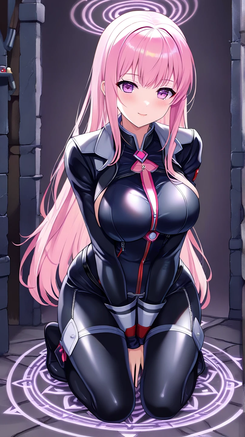 anime horny nun milf girl in a black outfit sitting on a red floor, biomechanical oppai, nun outfit, oppai, nun, wearing shiny breastplate, oppai cyberpunk, divine ray over her head, holy armor, kneeling at the shiny floor, holy cyborg necromancer girl, vampire nun, behind her a gothic cathedral, thicc