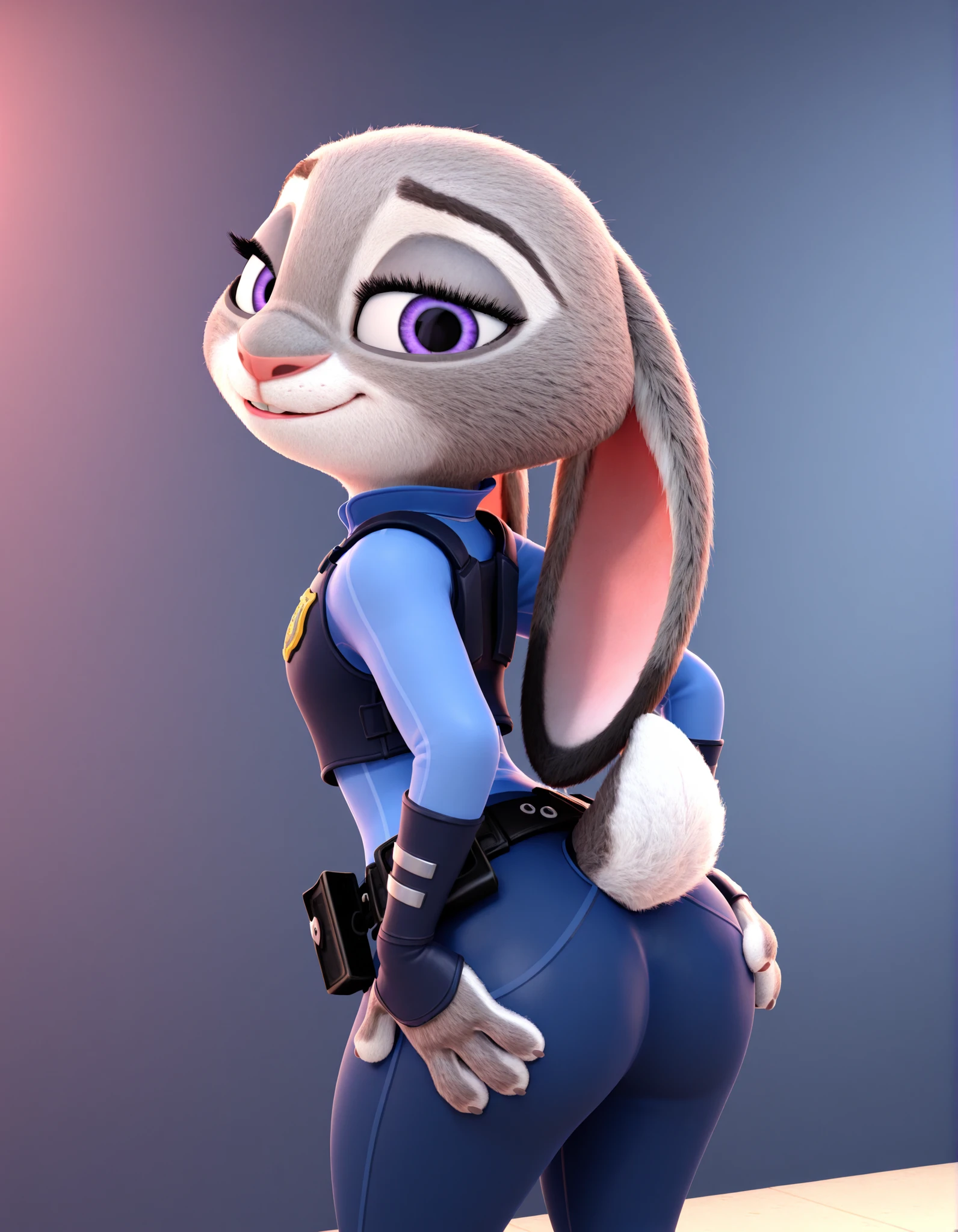 Judy hopps from zootopia,zootopia Artsyle,Hand on butt,Police uniform,Grey fur,Rabbit tail,Rabbit ears, 3d,Solo