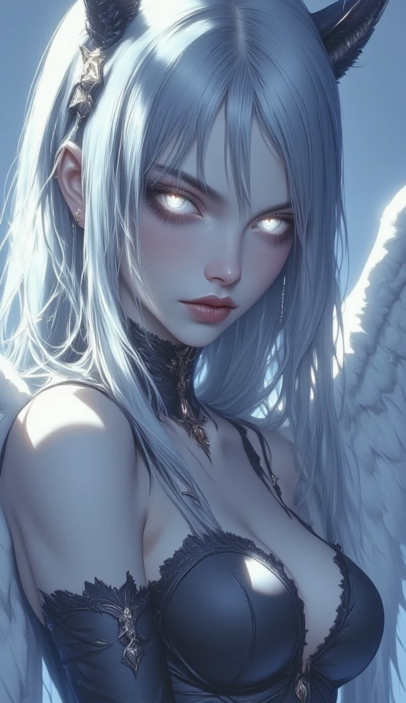 (ultra real), (figure), (High resolution), (8K), (very detailed), (Best figure), (detailed and beautiful eyes), (highest quality), (Super detailed), (masterpiece), (wallpaper), (detailed face), Generate a highly realistic image of a captivating female white hair harpie, NSFW, small breasts, prominent collarbones, skinny arms, flat stomach, visible hip bones, capturing every detail with stunning clarity, Her human torso should be slender and athletic, while the bird half possesses strong, feathered wings and sharp talons, The outfit should be suggestive and alluring and overly revealing, leans forward with a playful glint in her eye,This harpy possesses an ethereal beauty, with flawless features and captivating eyes that gleam with intelligence and a hint of predatory instinct, Her expression should be one of captivating confidence, with a hint of a playful smirk ,focus on creating a sense of alluring mystery, Let the pose and suggestive clothing hint at her sensuality being overly revealing, The harpy is aware of her strength and beauty, possessing a playful charm mixed with a hint of predatory instinct,