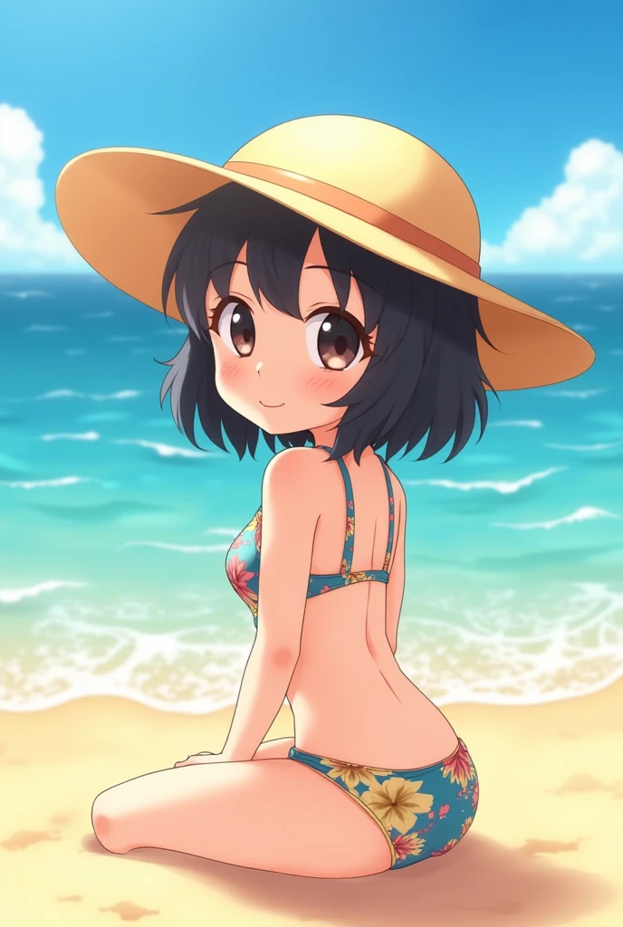 (((masterpiece))), Highest quality,Visual image of the anime, Perfect Anatomy, One girl, Lori, (cute), boyish, Black Hair, Berry Short, (Sunburn), (Swimsuit marks), white one-piece dress ,Straw hat, Red sandals, squat,smile, Summer sky, River side, Japanese countryside, Cinema Lighting, Beautiful attention to detail,sunlight, Composition from the front, Top View, Peace sign with both hands