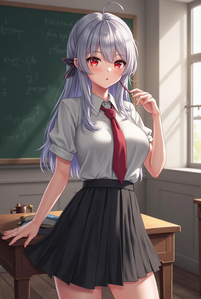 (masterpiece, best quality), 1girl,   <lora:Ayazuki Haruka(hsr):0.8> Ayazuki Haruka, long hair,light purple hair,black hairband,hair intakes,hair between eyes,bangs,aqua eyes, school uniform,sweater vest,red necktie,collared shirt,white shirt,puffy short sleeves,large breasts,underbust,red skirt,pleated skirt,black pantyhose,loafers, (petite:1.3)