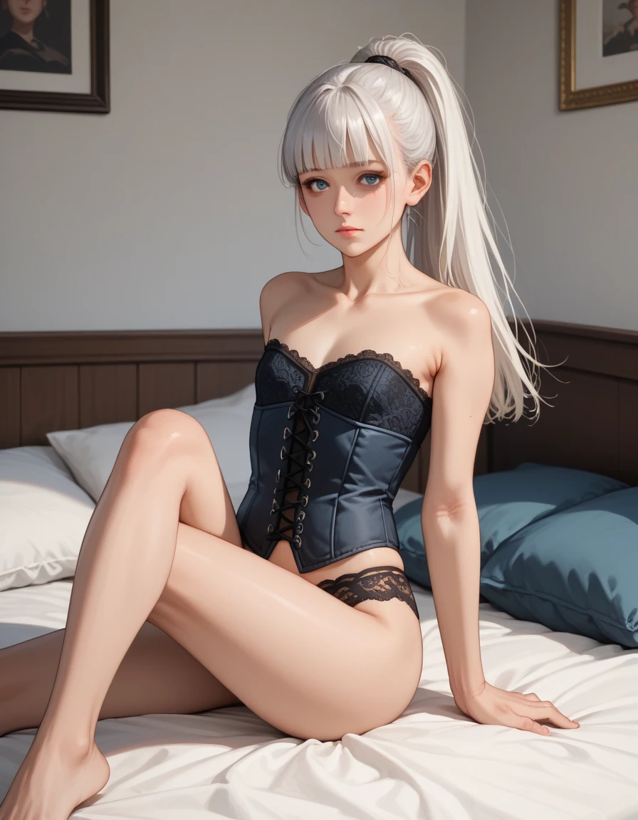 (Highest quality、masterpiece:1.2)，Teenage Girl，Long white hair、Smooth Skin、Smooth legs、Busty Body，Red Lingerie，White Stockings，Visible on the back，I can see your ass，Kneeling posture，I stuck my butt out，