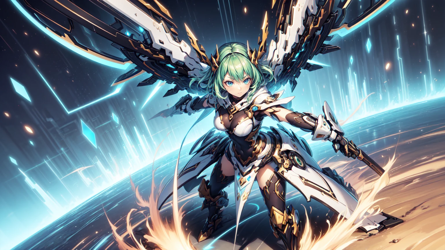 masterpiece, high quality, Cyborgization、Gynoid Cyborg Body、The face is of Minami Kotori.、mechanical parts、Blue and white leotard armor、solo focus、Single image、from front, full body、Mechabare、damage、Precision machinery is exposed all over the body、The armor in the crotch area opens up to reveal the refueling parts.