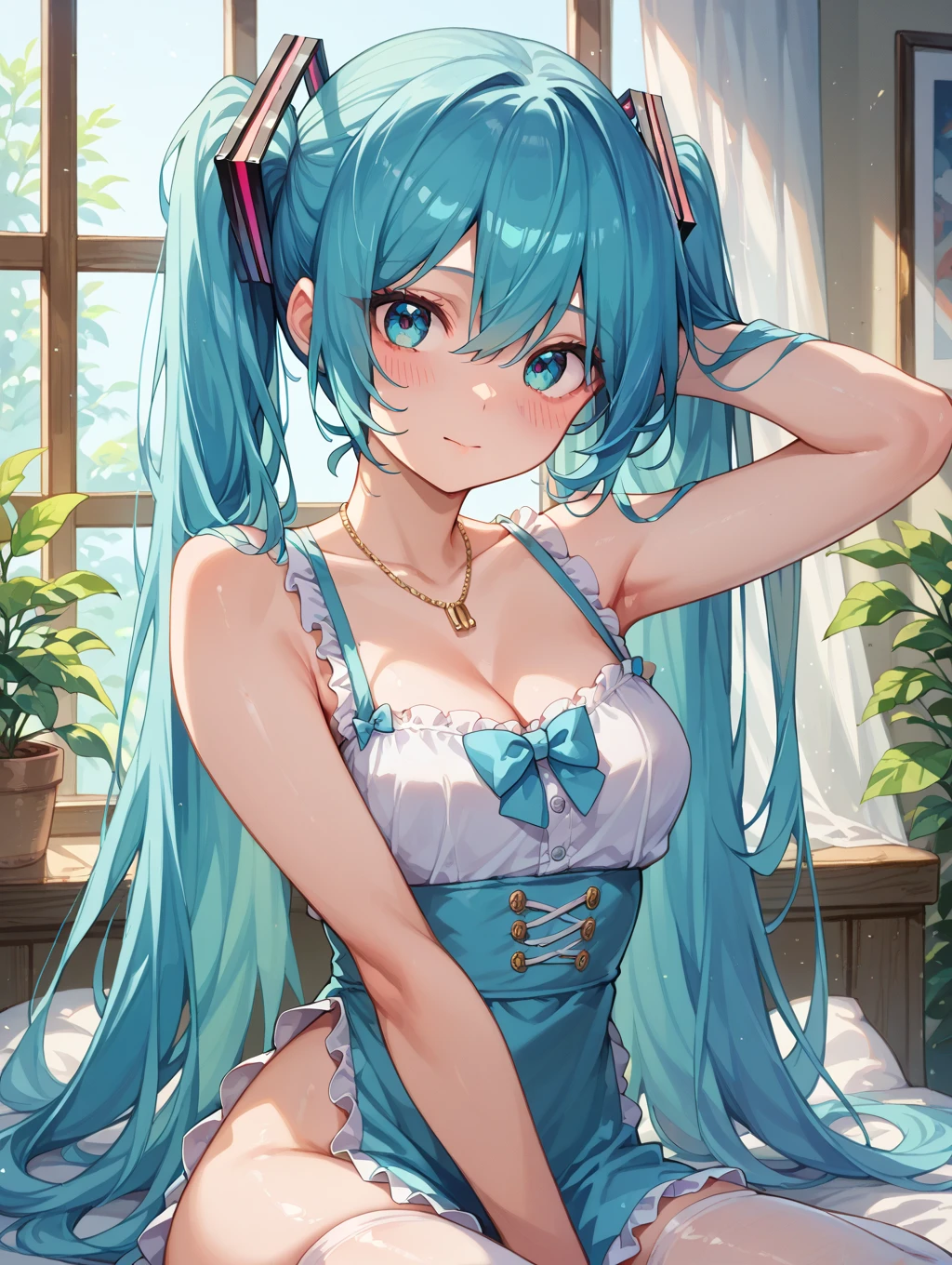 Hatsune Miku without clothes Seductive anime girl exposed panties sitting with legs open
