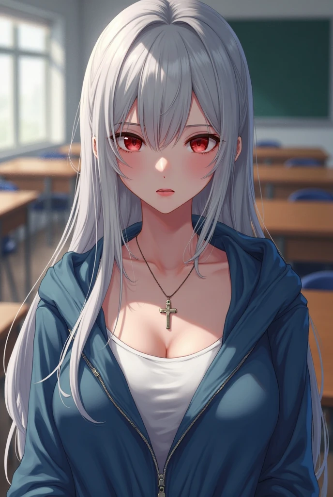 emilia, from above, looking up, cute, naked, silver hair, purple eyes, ((cum on face)), ((naked boobs)), sitting, hair flower, classroom, white dress, ((naked breasts))