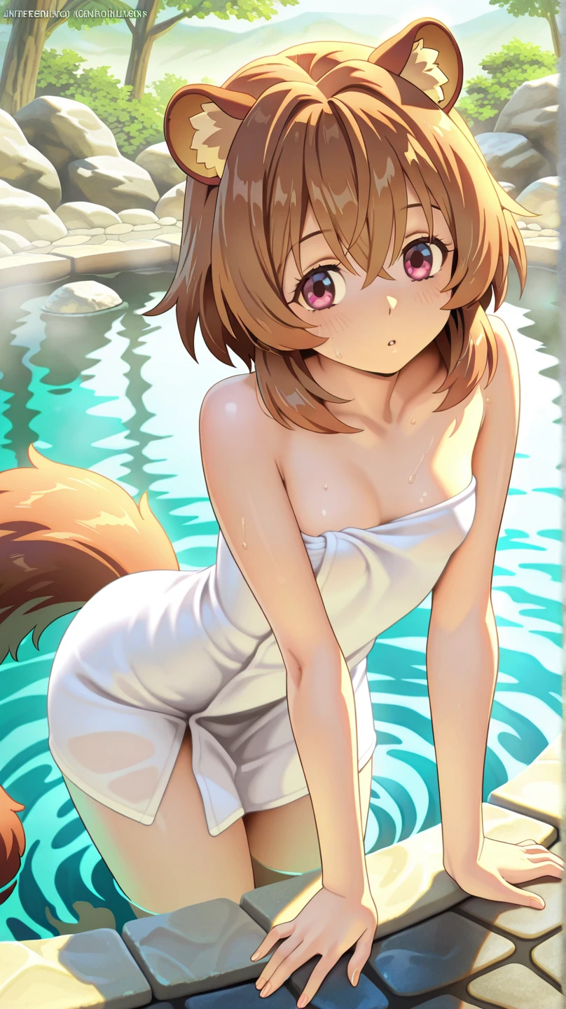 1girl, evil neuro-sama, (yuzu modoki), red eyes, light brown hair, ahoge, two side up, hair ribbon, dark red ribbon, heart hair ornament, (masterpiece, best quality), highly detailed, finely detailed, natural lighting, detailed scenery, wet, steam, outside, onsen, swimsuit back, back focus, from behind, looking back, cat ears, cat tail, tail bow, squatting, spread legs, arms behind head,