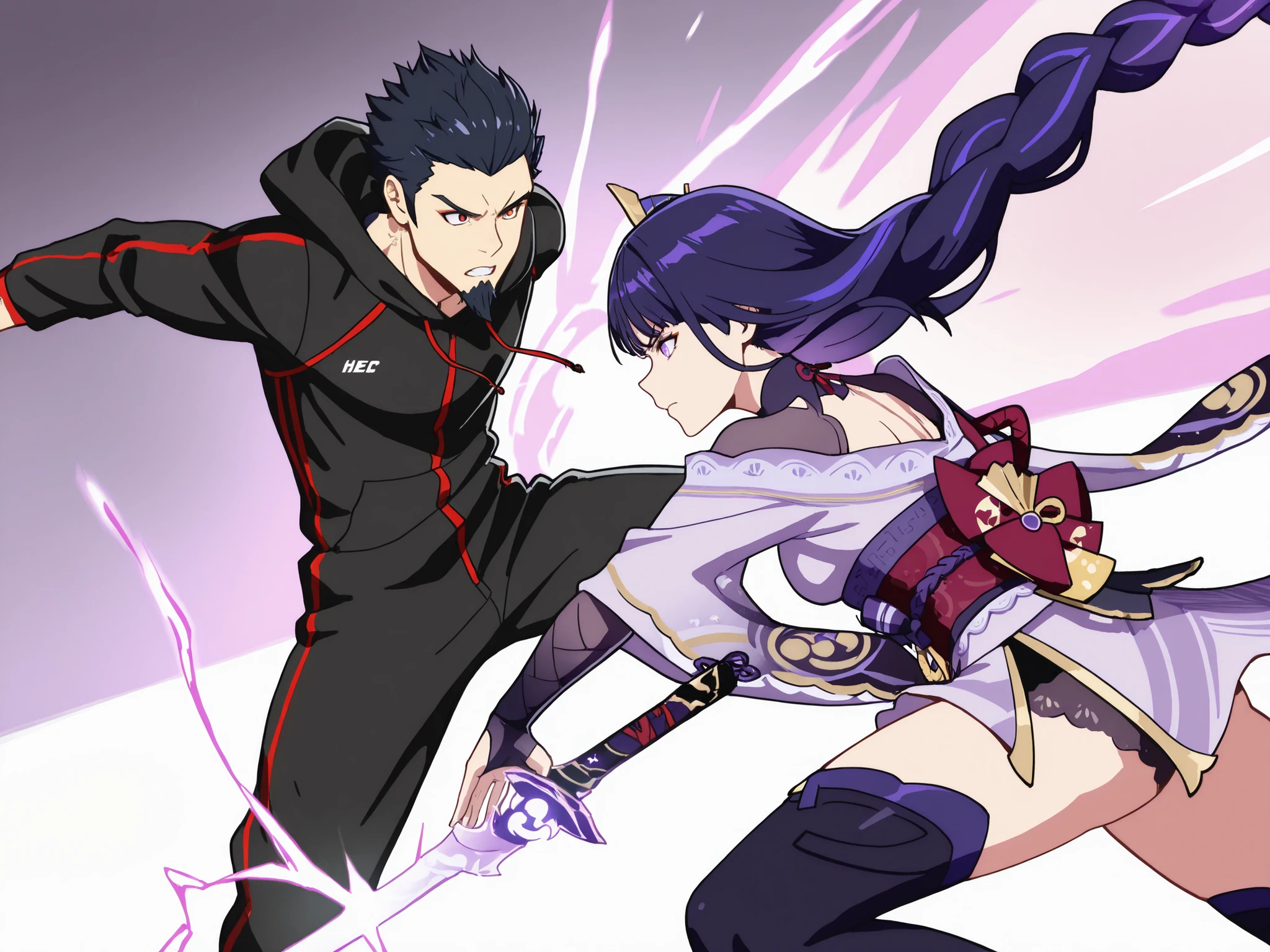 30 years boy (Atletic, dragon eyes), short high spike black hair Slick back, red eyes, curate beard,wears a red and black hooded jumpsuit, with a crimnson Dragon-arms scales . Raiden Shogun with her Musou Isshin , no background, Masterpiece, HD, 8k, 1boy, 1girl, couple, Raiden Shogun, long hair, purple hair, purple eyes, hair ornament, full view, dramatic, action pose, powerful movement, sword in motion, sparks flying, glowing energy effects, intense battle stance, wind sweeping through hair, fast-paced motion blur, cinematic angle, heroic, dynamic background, epic action scene, he attack to her dragon scales covered arms