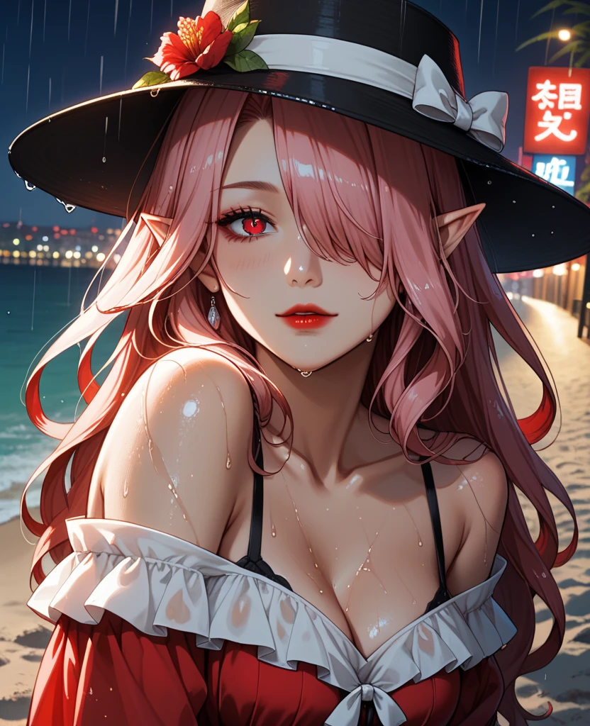 Rizu-kyun, ornament hair, vampire girl, perfectly body, perfectly hands, wave hair, red hair, long hair, green eyes, red swin suit, more details on her clothes, beach scene, red swin suit with black details, night, ornament hair, long hair, 1 girl, Looking at the audience, flowing hair, Beautiful Eyes, Plump and glossy lips, swin suit with too many frills, red swin suit, black laces, red biquini, red gem, Lace trim, luxury gold details, gold jewelry, more details, best quality, Big sparkling eyes, blushing, lace garter, bubbles, solo, centered girl, cowboy shot, perfectly body, perfectly hands, two arms, two legs, two hands, five fingers, perfect anatomy, glowing hair, red hibiscus, 1girl, beach scenery, solo, flowing hair, floating hair, ornament hair, perfectly body, perfectly hands, on the sea, sparkles, more details on her clothes, black details on her dress, holding a bubble tea, ((4k, masterpiece, top-quality)), 8k, best quality, high resolution, UHD, (illustration:0.8), super cute girl, delicate and beautiful face, mature girl, super cute hairstyle, (beautiful detailed eyes:1.6), extremely detailed face, perfect lighting, extremely detailed CG, (perfect hands, perfect anatomy), Best quality