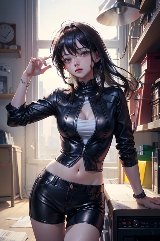 1girl, detailed face, beautiful detailed eyes, beautiful detailed lips, extremely detailed face and eyes, long eyelashes, serious expression, muscular build, large breasts, thick thighs, short messy hair, leather jacket, ripped jeans, punk rock style, dark moody lighting, dramatic shadows, cinematic composition, photorealistic, (best quality, 8k, highres, masterpiece:1.2), ultra-detailed, realistic, vivid colors, dramatic lighting