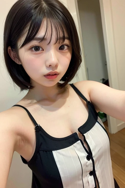 camisole、Dark Room、bed、Embarrassed face、Short hair with bangs