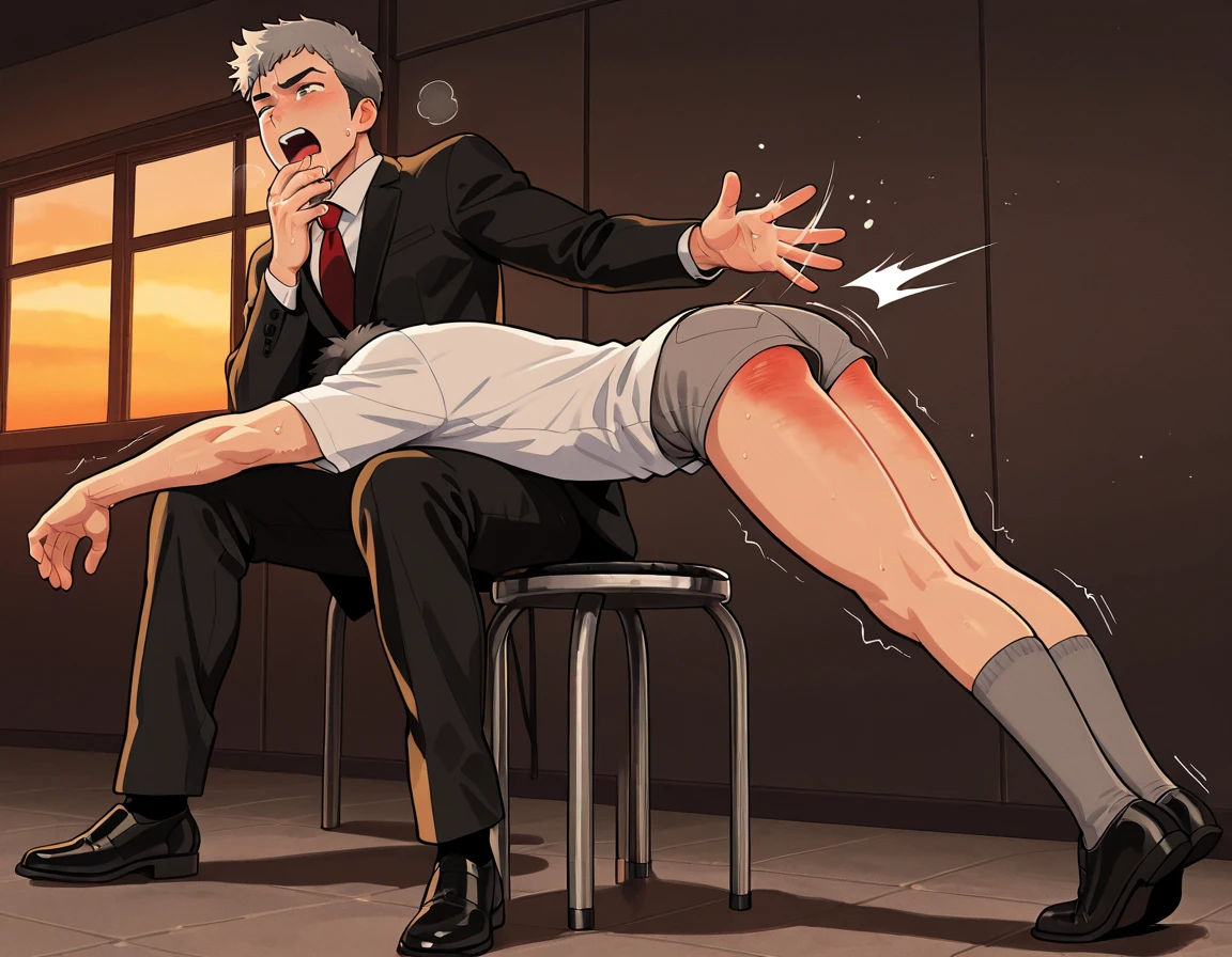 score_9, score_8_wonderful, score_7_wonderful, sauce_anime,Male Focus,1 male,No pants,Auction,On all fours,Place your hands on the floor,penis,Leash color,View your audience,Squat,humiliation,Obedience,Blue tie,Long sleeve white shirt,rape