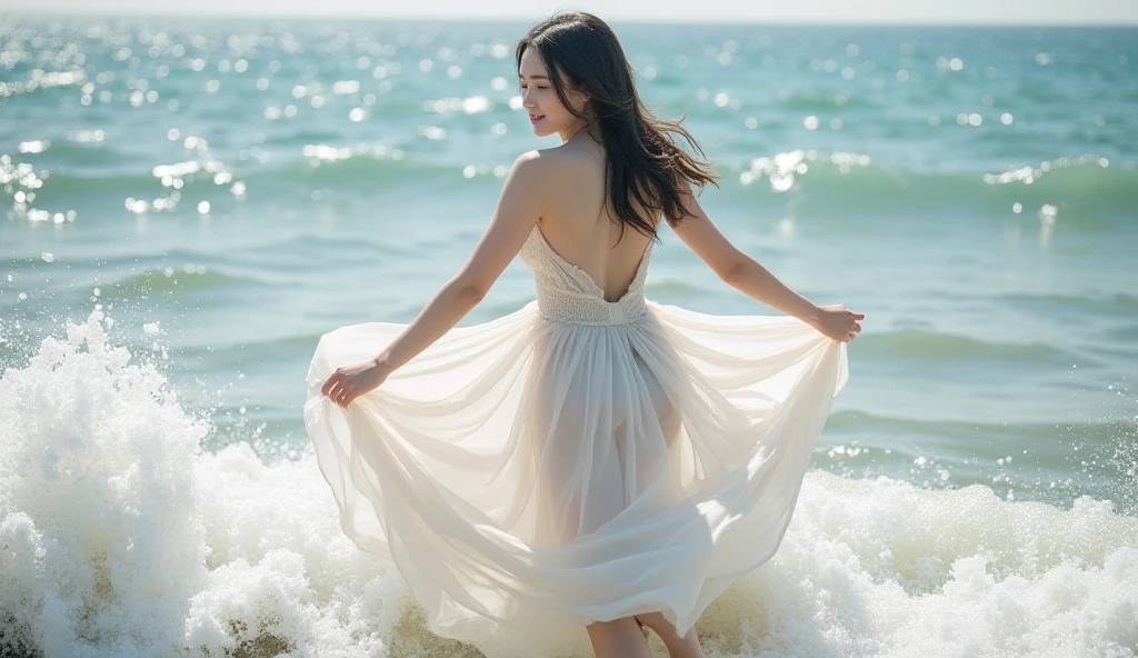 Beach，seaside，（（A flock of seagulls flying）），Fall into the afterglow，A 26-year-old girl, Wear a white skirt，whole body，（（Open your arms）），Facing the sea，Watching((Back))， Black silky long straight hair, Long hair spread over shoulders, On the beach，女孩张开手臂Embrace the sea，Female tenants，Embrace the sea，Angle Behind，（（Back）），Facing the sea，（（（Facing the sea）））
