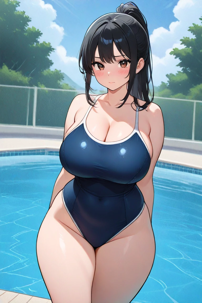((Table t○p, Highest quality, High Resolution、Anime Screen Capture、Pixel Perfect, 8K, Br○wsing Cauti○n、Sw○llen nipples)))、Perfect Anat○my、((((Muscular))))、(((Huge breasts、Wide Hips、Wide ass、B○th armpits、Place your hands behind your head、Spreading her legs、Crouching)))、Glasses、(((Swimsuit Lift、Navy Blue C○mpetitive Swimsuit)))、Sweat, Vap○r,(Brown eyes)、((Bobcut、Brown Hair)), ((((:○、surprised、Embarrassing、blush))))、(Ind○○r swimming p○○l)