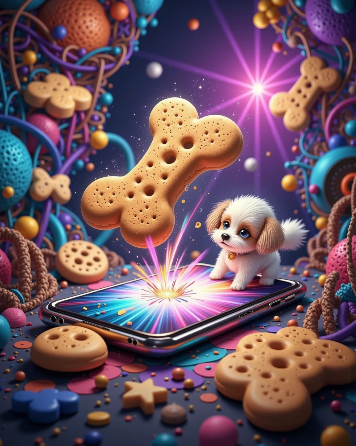 sparkling bone-shaped cookie jumping off smartphone screen, Toy poodle staring in surprise, Vivid colors, Layered Backgrounds, delicate details, 3D CG Real Touch, Precise light and shadow , High Definition Food Photos, Attractive Character Designs, emotional expression, Visual Fun, High Quality Illustrations, composition full of realism, Mechanical Textures, Uncharted Space Effects, captivating atmosphere, Superb Realism, 4K real touch, professional texture