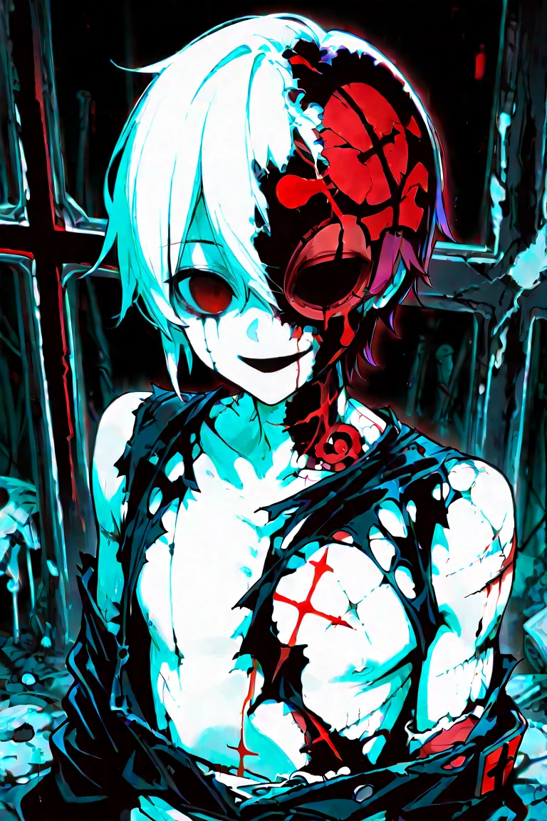 a black and white photo of a person with a creepy face, gapmoe yandere grimdark, ken kaneki, joker looks like naruto, chainsaw man, kaneki ken, nagito komaeda, yoko taro, digital art from danganronpa, style of madhouse anime, portrait gapmoe yandere grimdark, pin on anime, gapmoe yandere