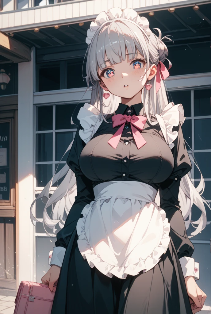 Absurd, Super detailedな,(In 8K:1.3),Masseter muscle area,(masterpiece:1.2)、(Highest quality)、4K、Super detailed、(Movement Structure:1.4)、(Shining Lights、Atmosphere lighting), High resolution, Best Quality、(One girl:1.4),Super detailedな,Bright colors、Treebreak Production Art、(Warm color light source:1.2),High-level image quality、Fine image quality、Intricate details,Volumetric Lighting,Realism BREAK、Profile、 Idol face、15 years old、Very beautiful face and eyes, Beautiful images、natural make up、 big eyes,、 (shoot from below:1.3)、 (to lift up one’s skirt:1.2)、(breast grab:1.2)、 (Big Tits:1.3)、(curvy body:1.2)、(glossy skin :1.5)、(Baby Face:1.5)、 (white background:1.4)、 (Light purple hair、blunt bangs、long hair、wavy hair、ponytail、Ahoge、Red ribbon:1.2)、 (detailed clothes features、Gothic Maid:1.4)、cleavage、 (smirk:1.2),