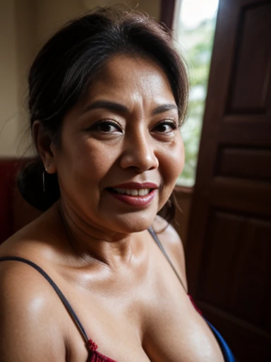 (Realistic) (selfie potrait) 52 Years old mature woman, sexy curvy, (sexy chubby body shape), Big : 34.9, (beauty natural makeup), gorgeus, soft smile looking at camera, long dark bun messy hair ,Brown eyes, (A little of wrinkles on her face:1.2), (There a little wrinkles on her chest1.2),Old Woman, Detailed wrinkles, (Breast about To burst out from her clothes, little cleavage), (Old Woman in Jakarta), Daylight, dynamic background, professional photography with excellent lighting