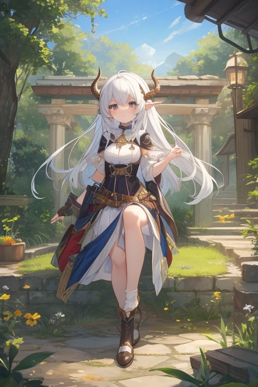 masterpiece, best quality, aliza, single braid, horns, red danceroutfit, looking at viewer, smile, sky, clouds, village, standing <lora:danceroutfit-nvwls-v1-000008:1>  <lora:aliza-nvwls-v1-final:0.7>