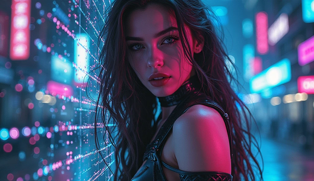 abstract colors, texture, film grain, skin pores, dusty atmospheric haze, vignetting, (cyberpunk:1.3), 80mm, hasselblad dslr RAW dramatic portrait photo of a young 1girl, low shot, posing against a wet rainy window overlooking a rainy (neon solarpunk:1.2) city street at night, (backlit:1.2), (film grain:1.2), cinematic movie still frame, seductive look, pink hair, red blush, bright eyes, sharp, (hdr:1.4), high contrast,hyper detailed, neon lights, glow, amber and chaos, glowing digital runes