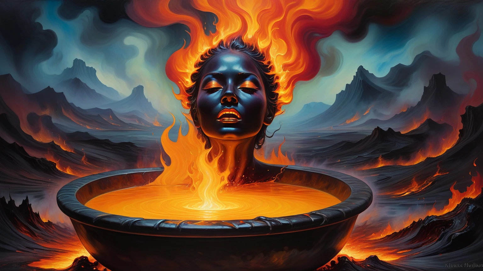 score_9, score_8_up, score_7_up Norse mythology lava female lava skin next to a river of lava