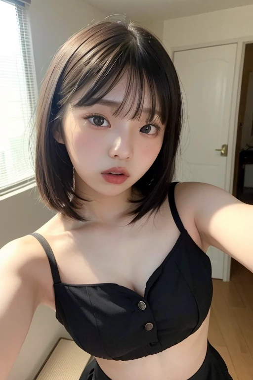 There is a woman in a black dress posing for a photo, Ulzzang, young cute wan asian face, menina bonito-fino-cara, menina coreana, beautiful Asian girl, Xintong Chen, wan adorable korean face, Asian girl, 🤤 retrato da menina, dilraba dilmurat, Rosto bonito das meninas japonesas, preto hime corte cabelo, young adorable korean face